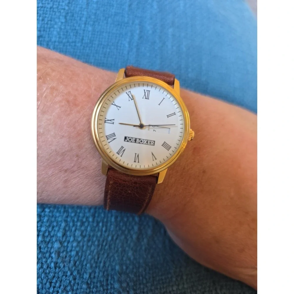 Joe Boxer Watch Brown Leather Band Gold Trim Face Good Bad Ugly Vintage